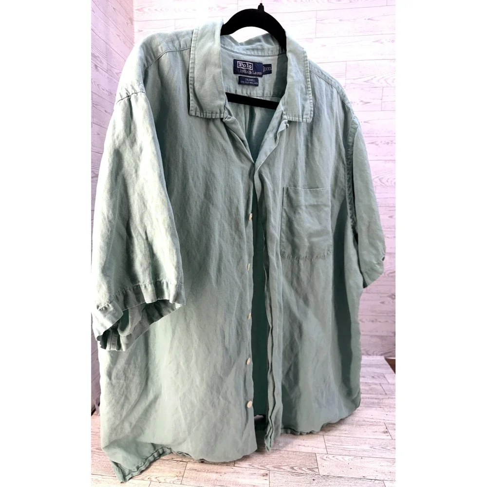 Vintage‎ Polo Ralph Lauren Caldwell Shirt Men's Linen Silk Loop Collar Blue XXL